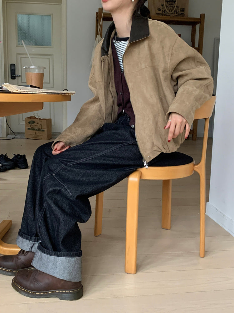 撞色皮領麂皮外套