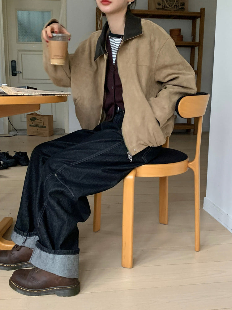 撞色皮領麂皮外套