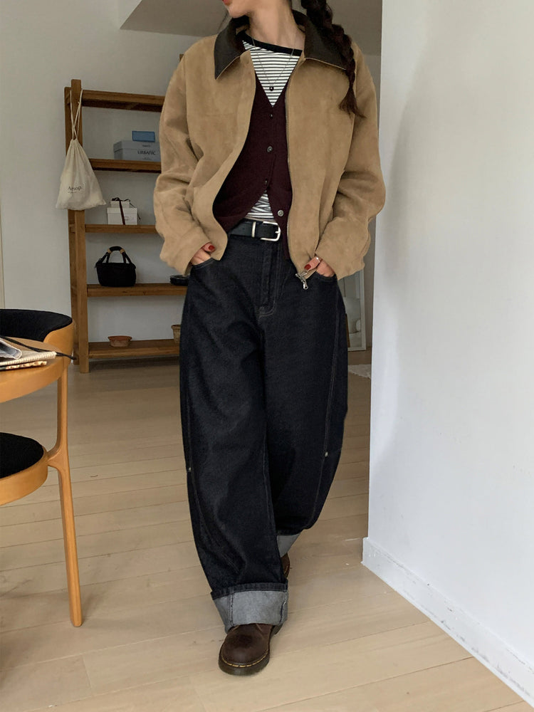 撞色皮領麂皮外套