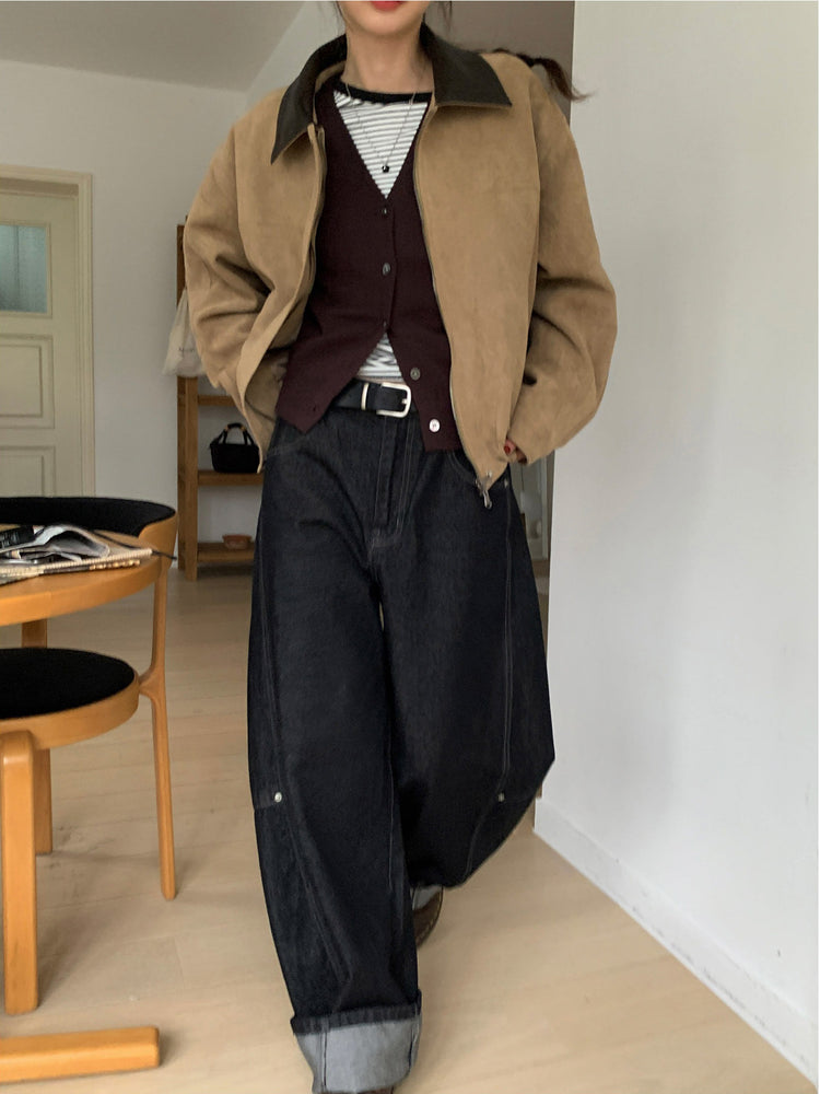 撞色皮領麂皮外套