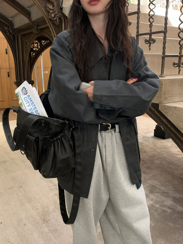 Unisex皮帶扣細節廓形棉褲