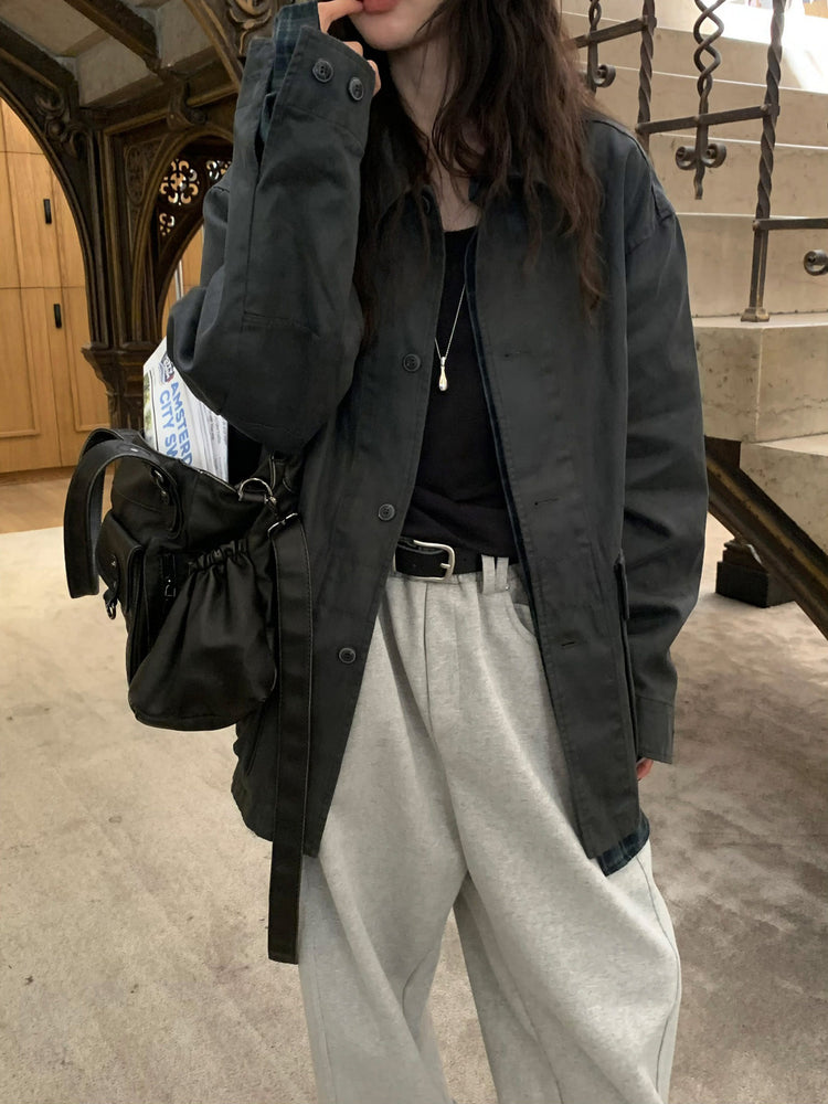 Unisex皮帶扣細節廓形棉褲