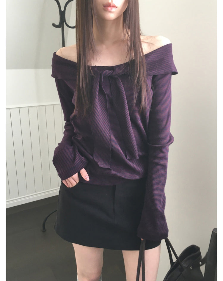 美肩垂帶領結條紋上衣