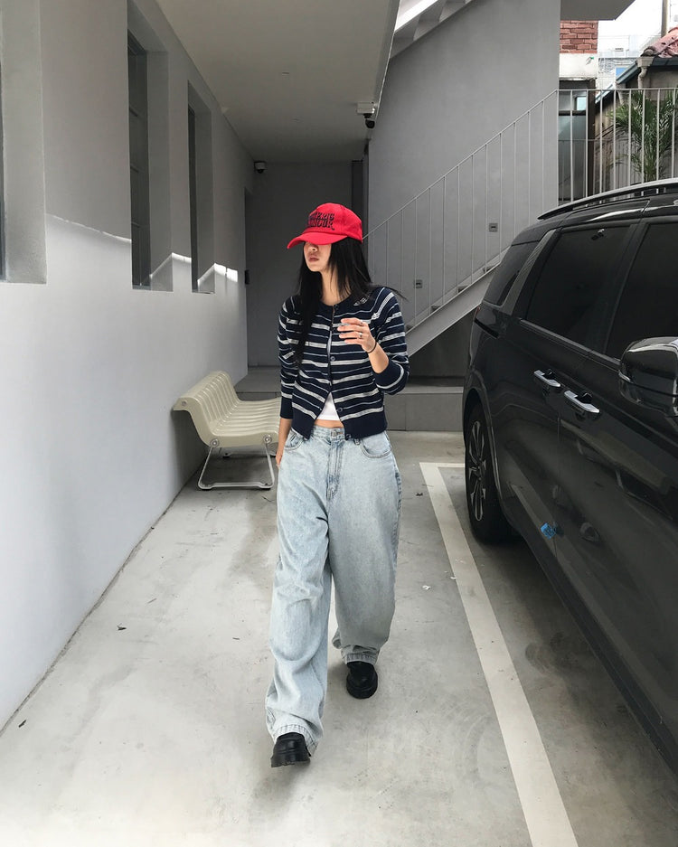 美色條紋排鈕針織外套