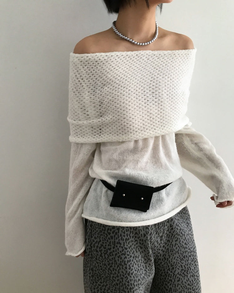 美肩微透紋理細節針織上衣