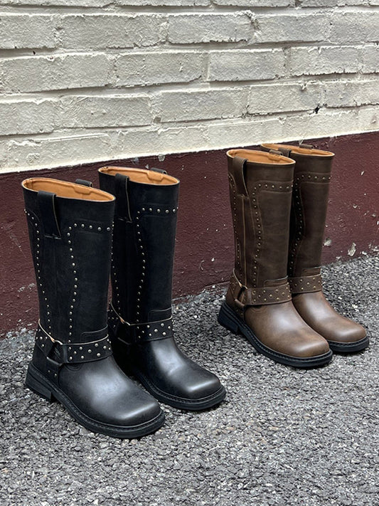 鉚釘側扣方頭中筒靴