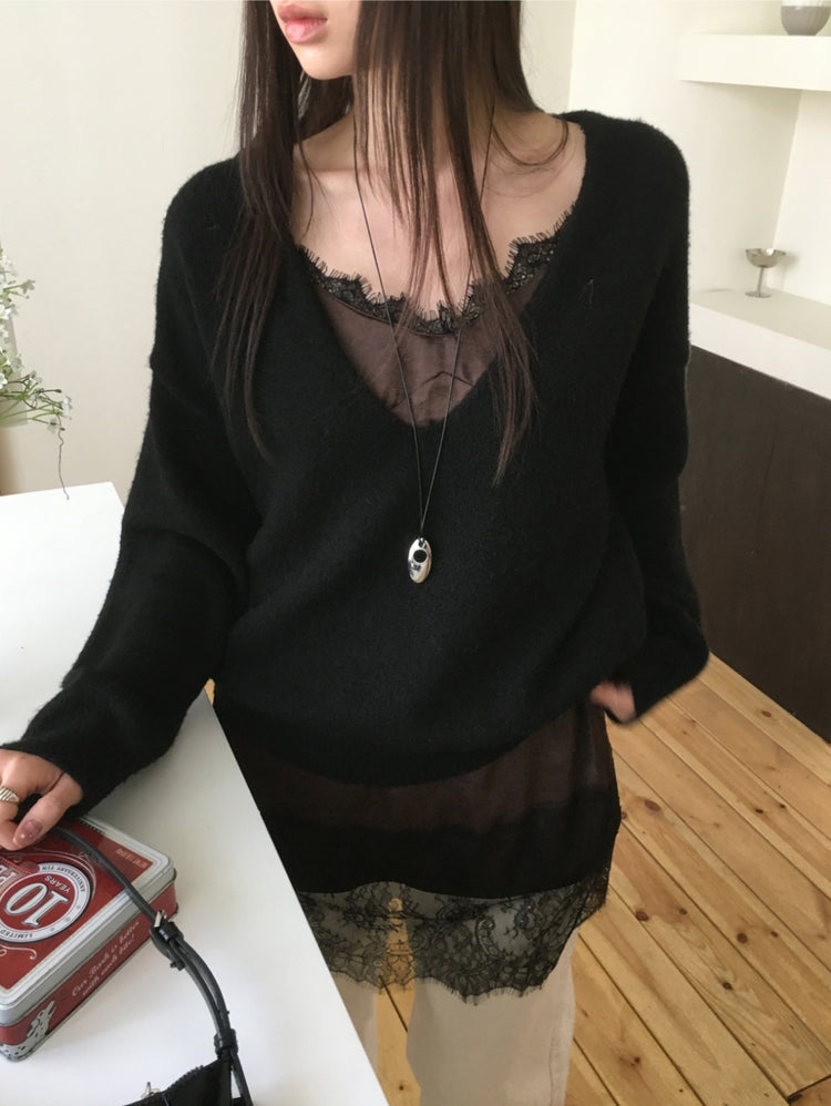 深V寬鬆針織毛衣