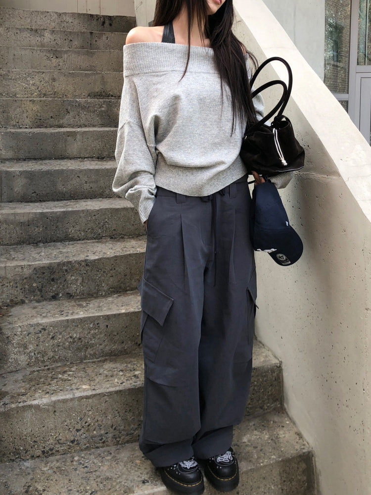 美肩寬帶寬鬆修腰針織上衣