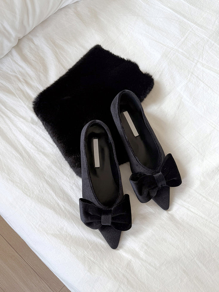 經典蝴蝶結絲絨質感尖頭鞋