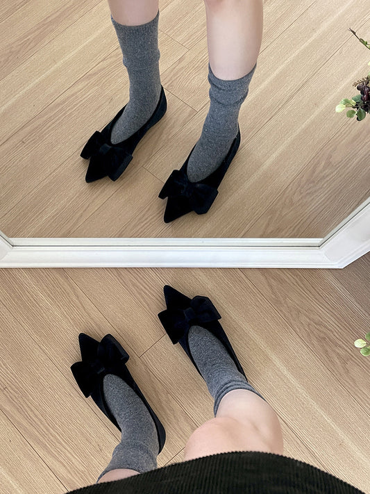 經典蝴蝶結絲絨質感尖頭鞋