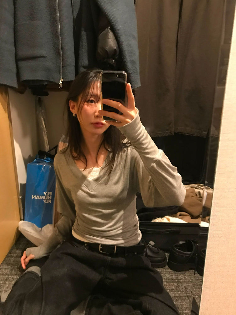 V領袖扣細節修腰上衣