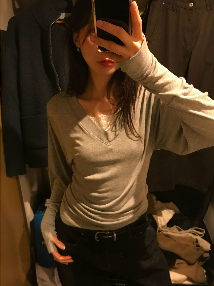 V領袖扣細節修腰上衣