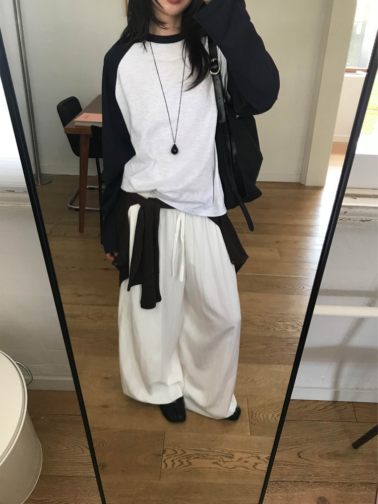 撞色牛角袖上衣