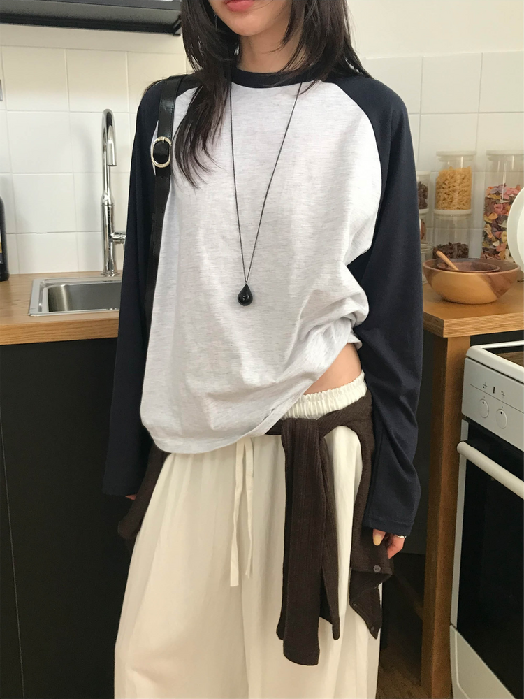 撞色牛角袖上衣