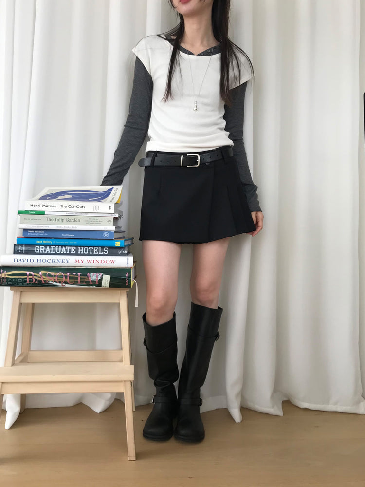 不對稱側扣百褶裙褲