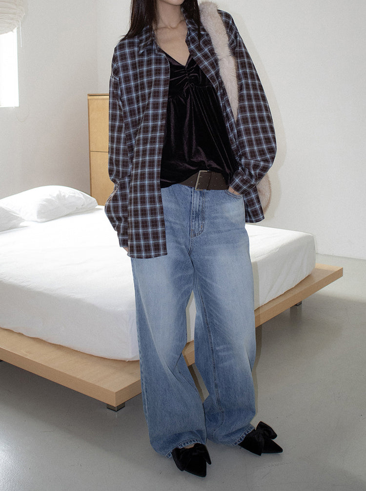 絲絨V領抓皺細節背心