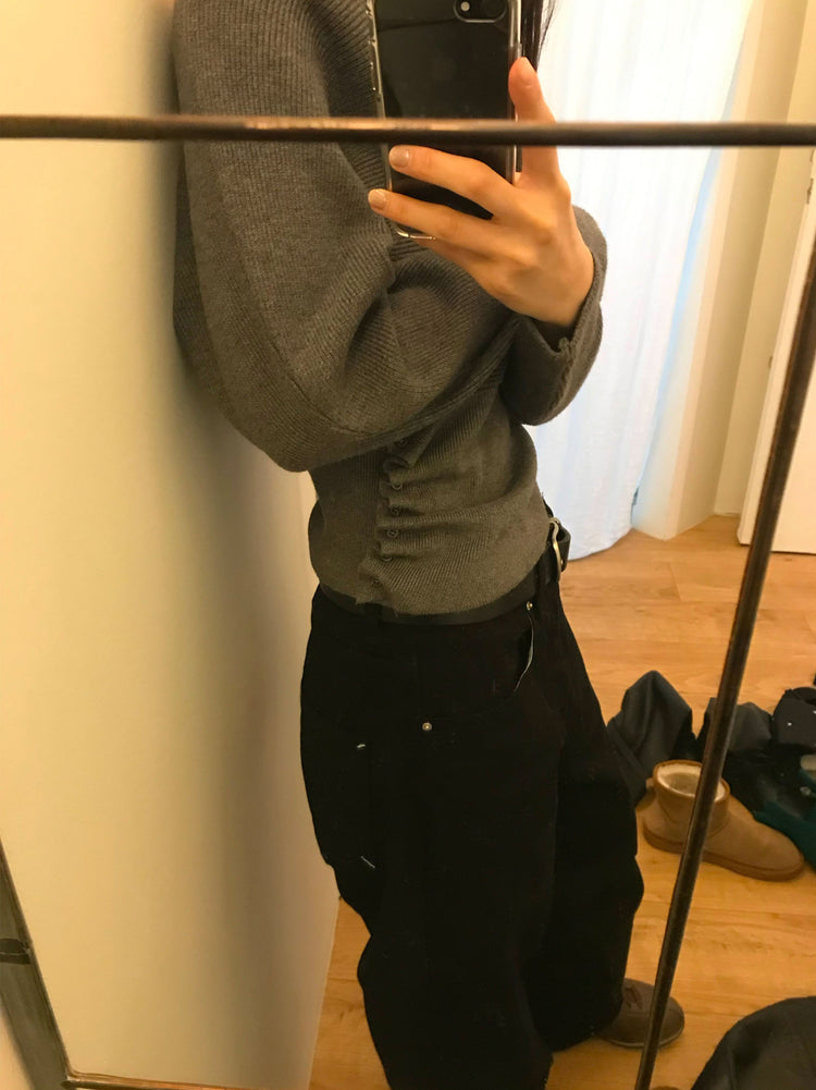 美肩側扣鈕細節坑紋針織衫