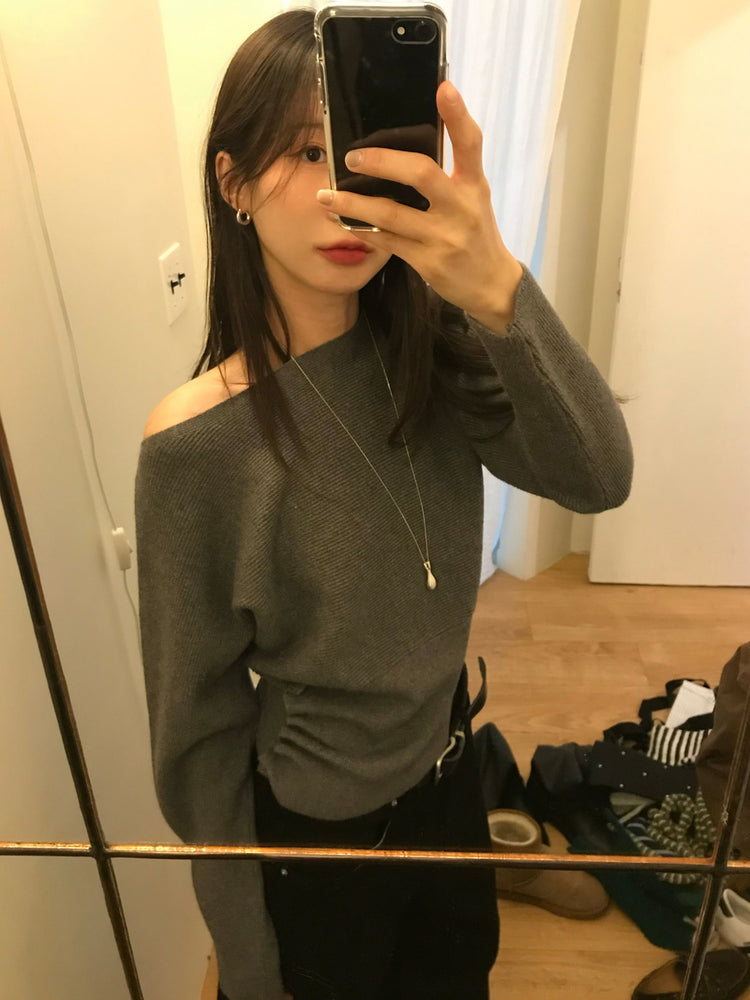 美肩側扣鈕細節坑紋針織衫