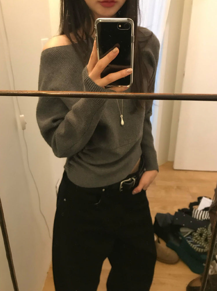 美肩側扣鈕細節坑紋針織衫