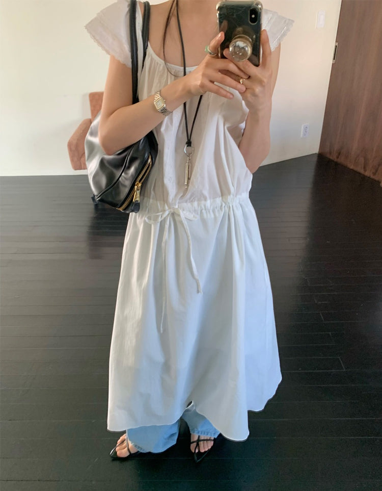 蕾絲邊細節修腰連身裙