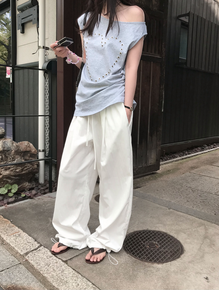 輕薄細腰頭抽身直褲