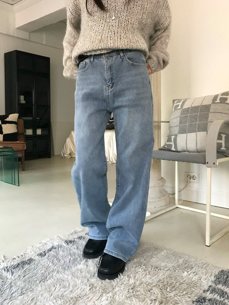 隱形橡筋腰頭直腿內刷毛牛仔褲