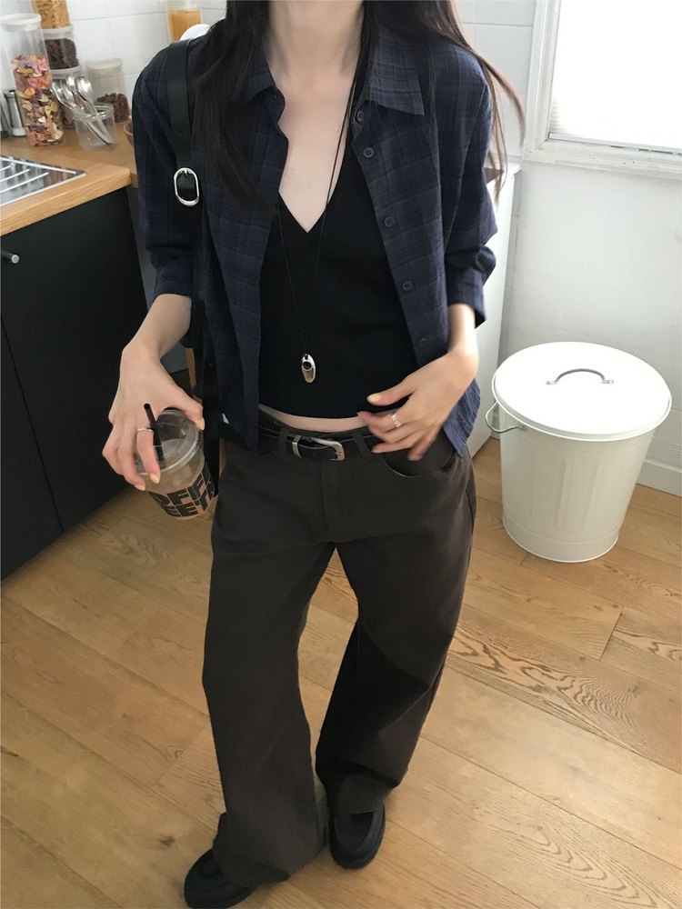 撞色格紋七分袖襯衫