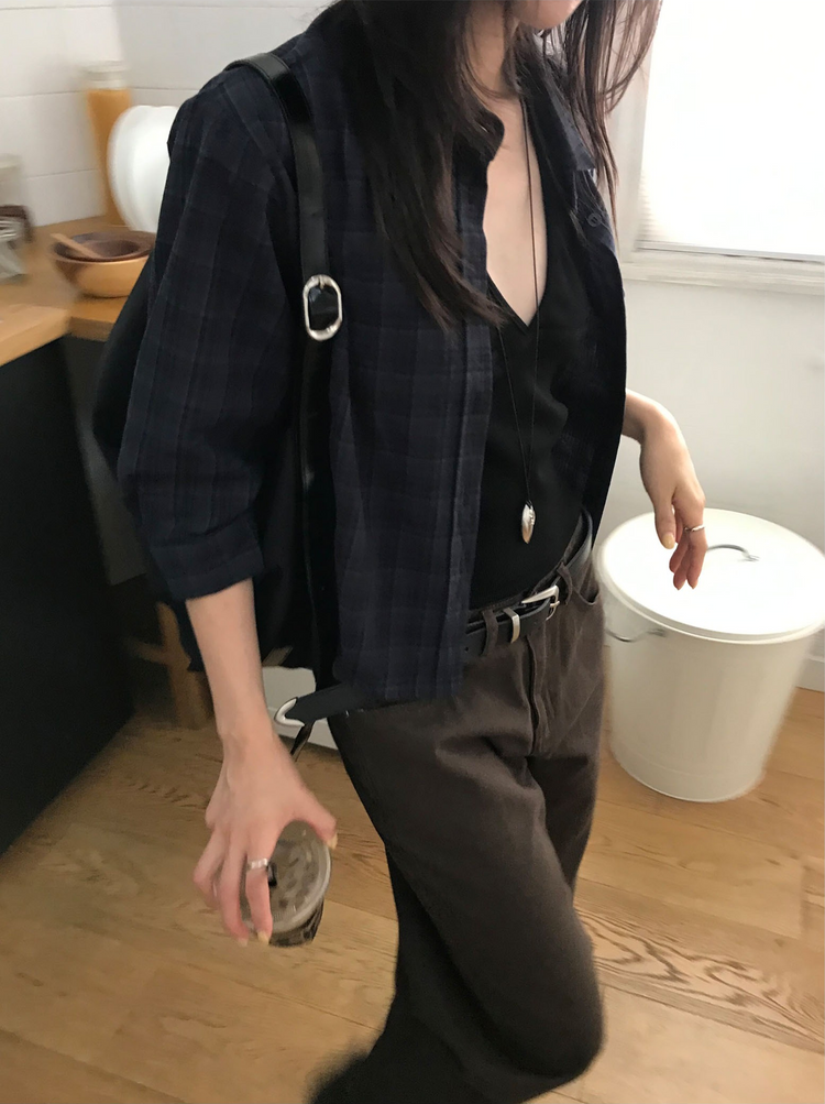 撞色格紋七分袖襯衫