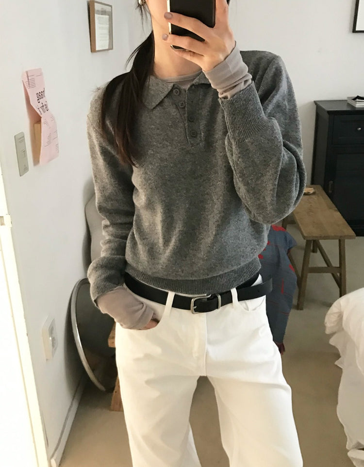 Polo領修腰針織上衣
