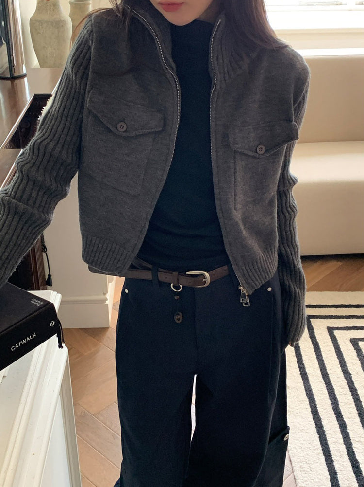 立領雙拉鏈口袋細節針織外套