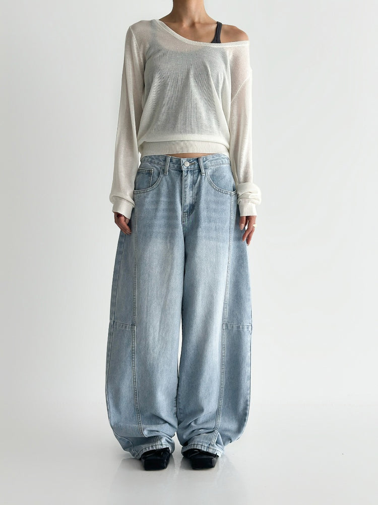 弧形側壓線廓形牛仔褲