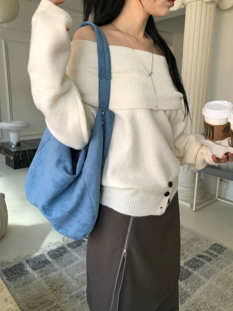 美肩下擺扣鈕細節針織上衣