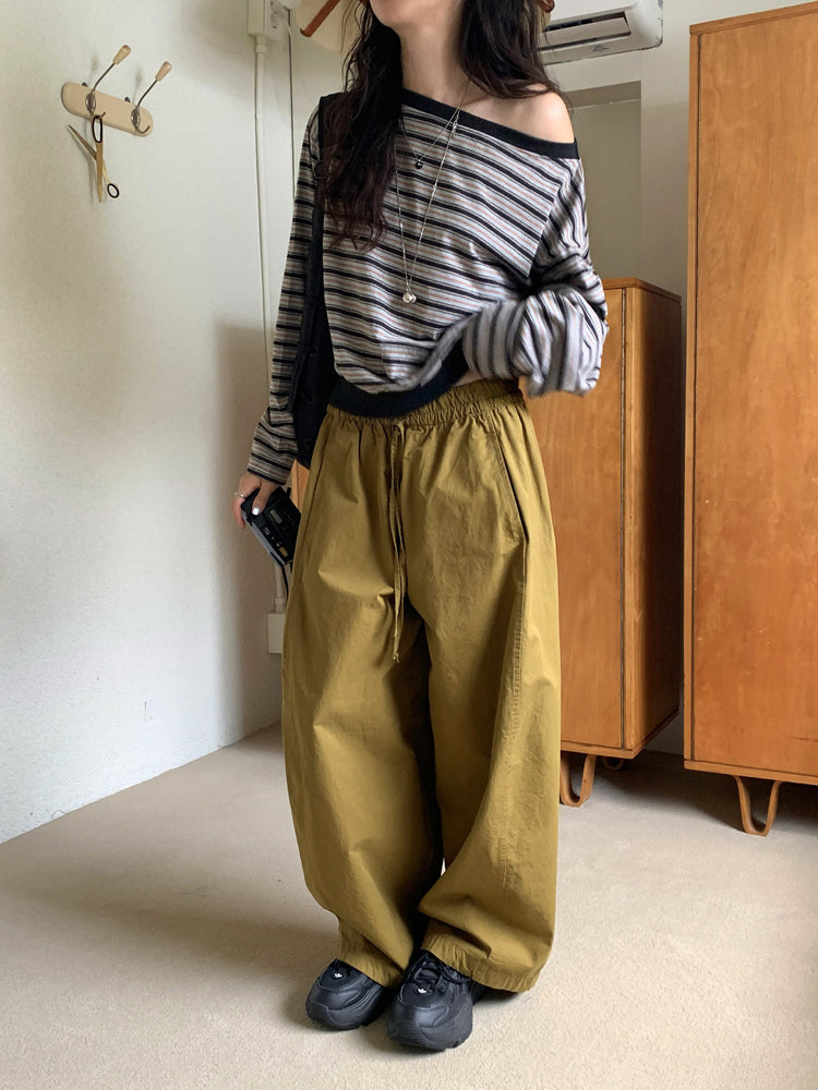 美肩條紋細節束口上衣