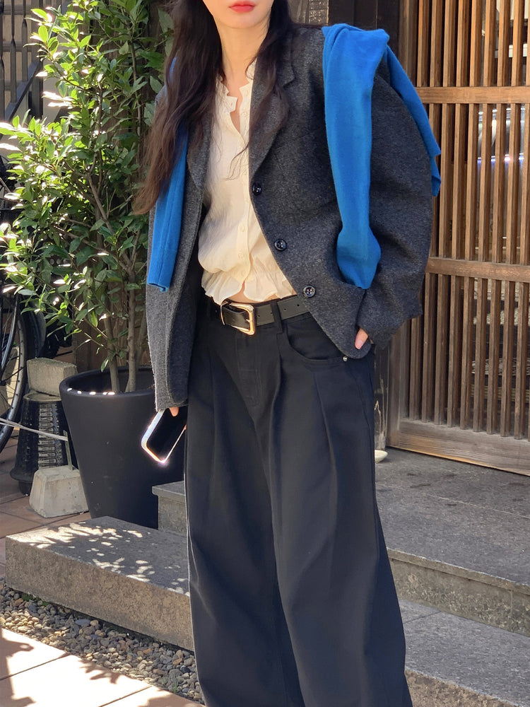 復古美色雙壓褶垂感闊褲(附皮帶)