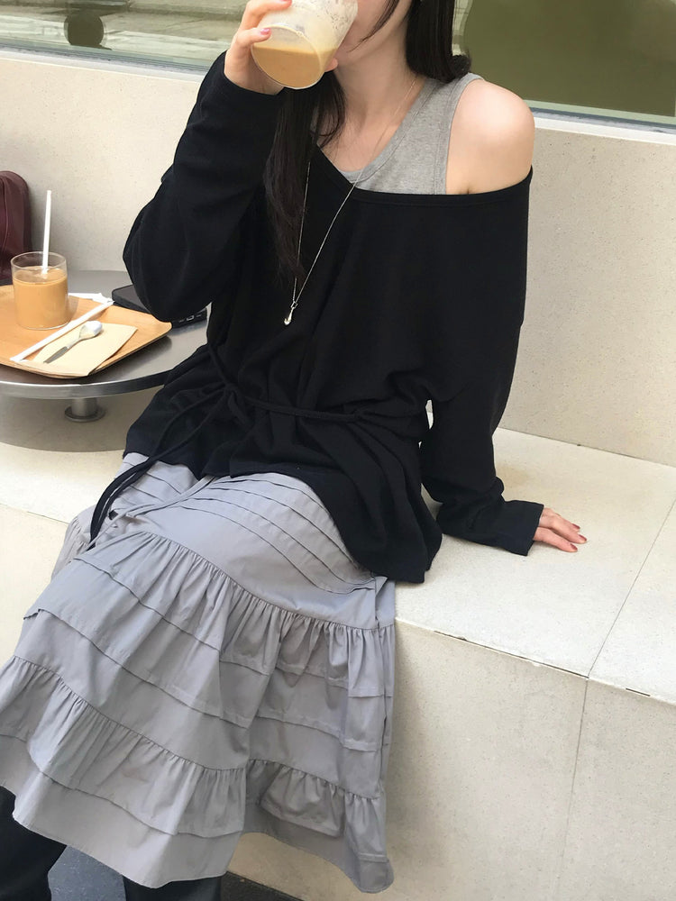 V領綁帶修腰細節上衣