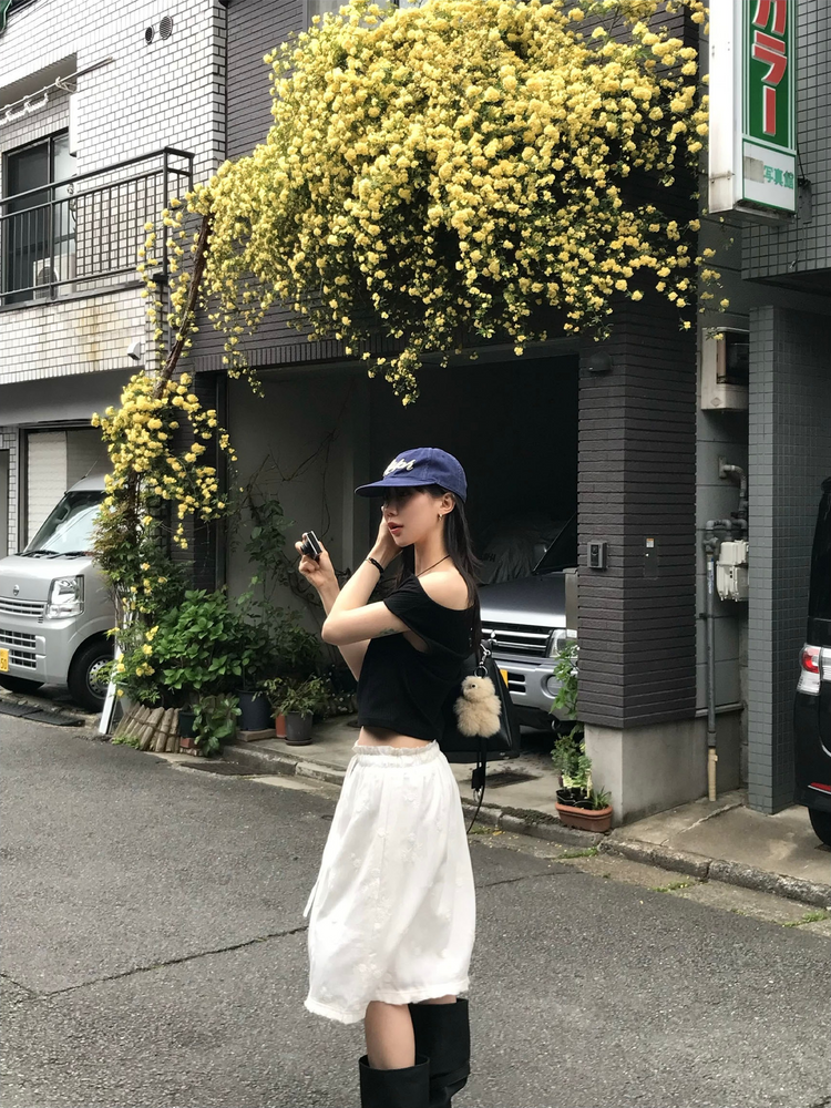 立體花荷葉邊細節抽繩半裙
