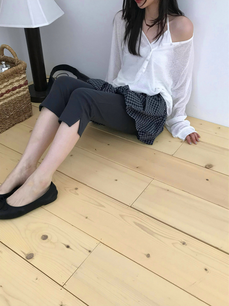彈性側小開叉七分褲