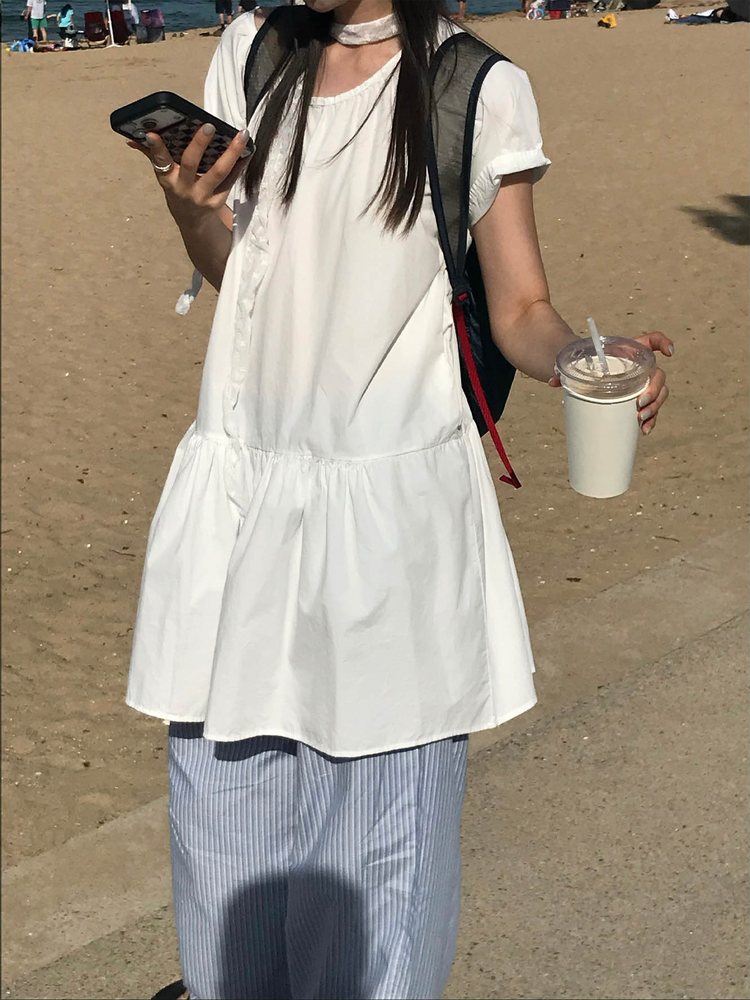 泡泡袖抓皺細節連身裙