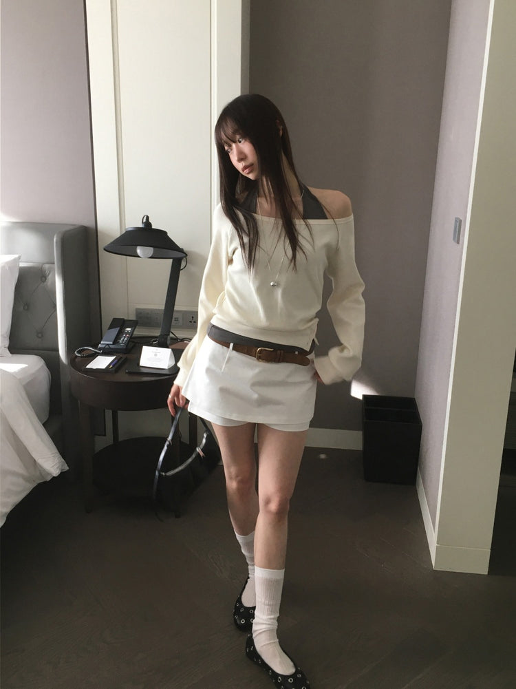美肩撞色掛脖兩件式上衣