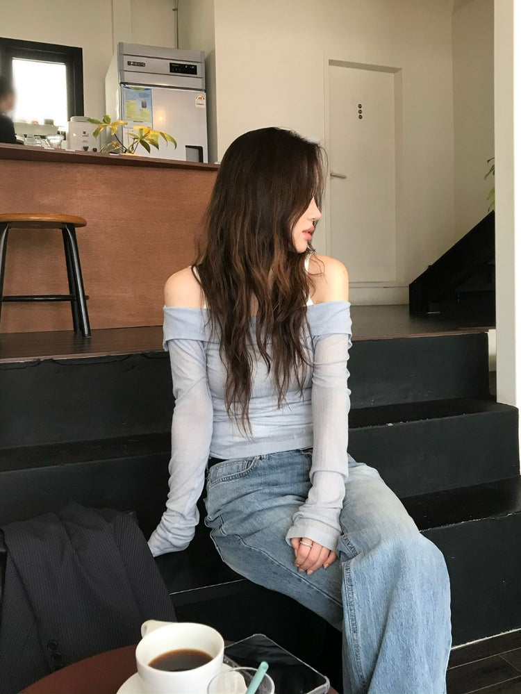 美色反折紋理露肩上衣