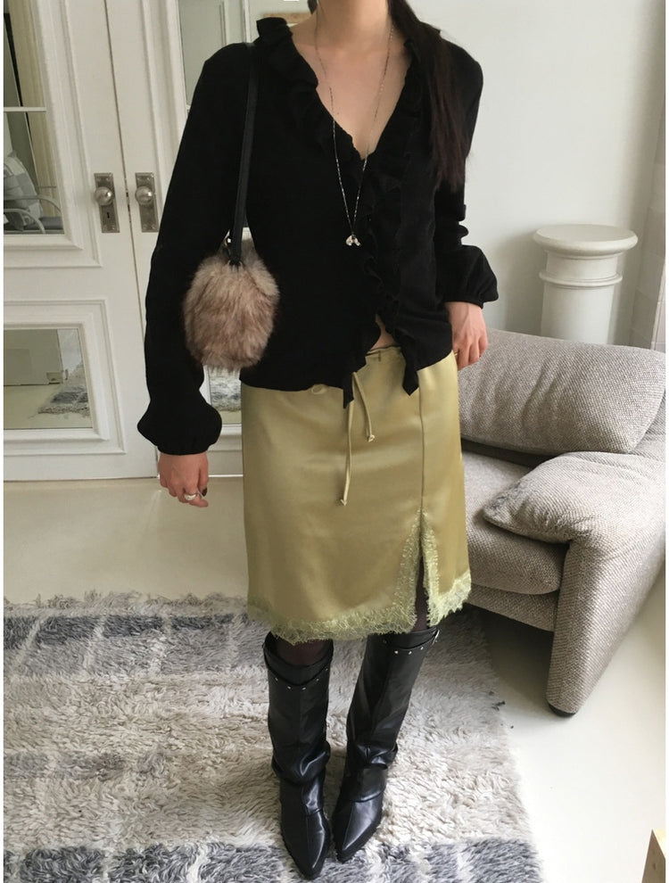 蕾絲邊霧光澤側小開叉半裙