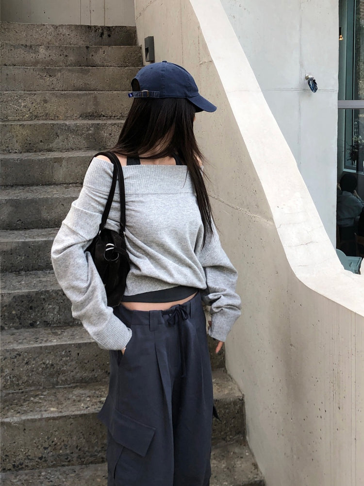 美肩寬帶寬鬆修腰針織上衣