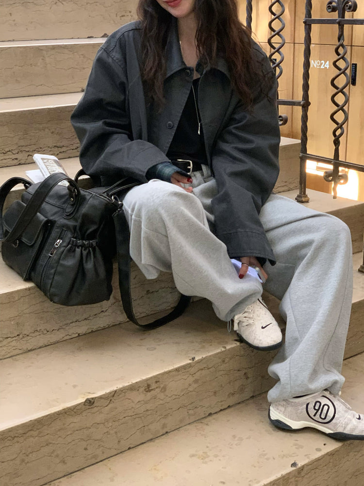 Unisex皮帶扣細節廓形棉褲