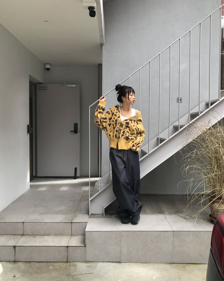 豹紋紋理細節針織外套