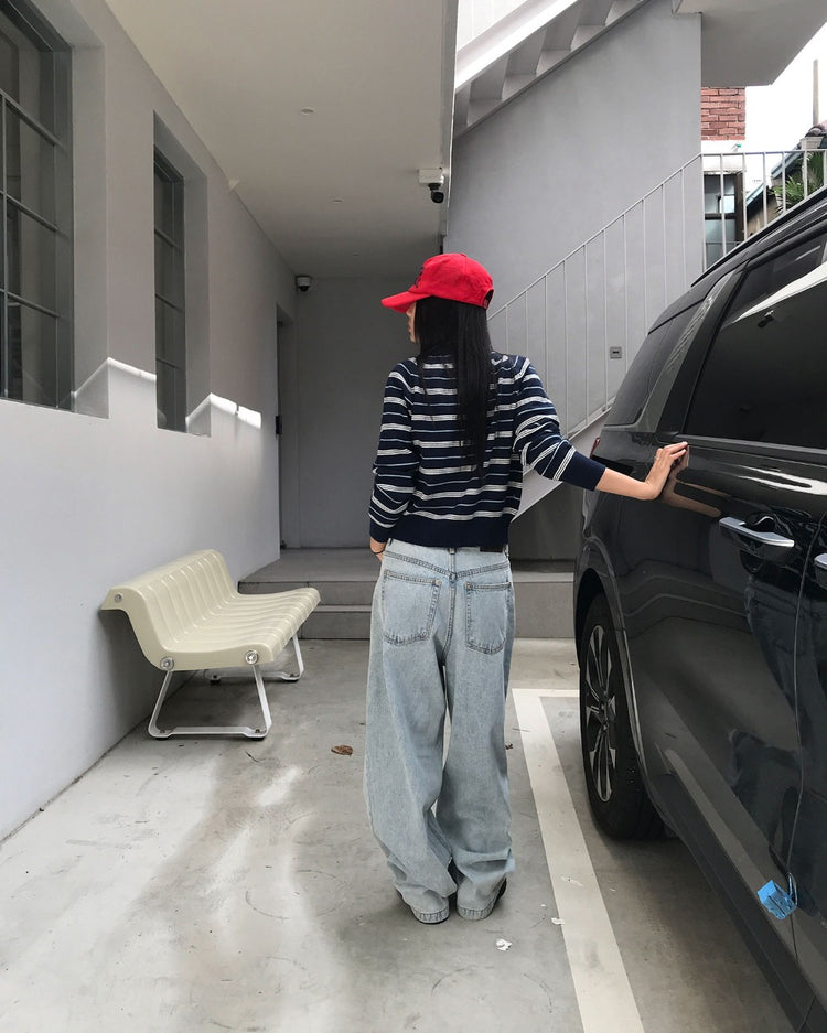 美色條紋排鈕針織外套