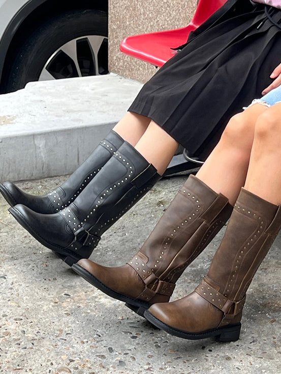 鉚釘側扣方頭中筒靴