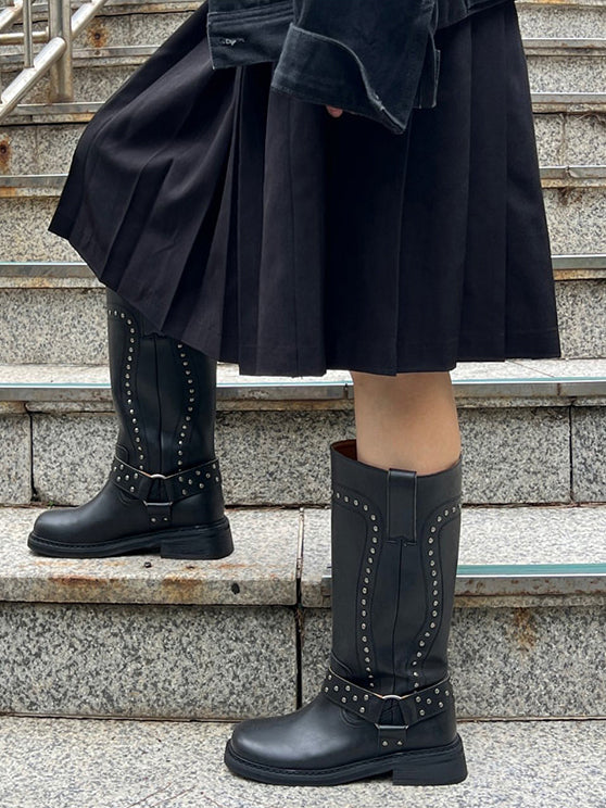 鉚釘側扣方頭中筒靴