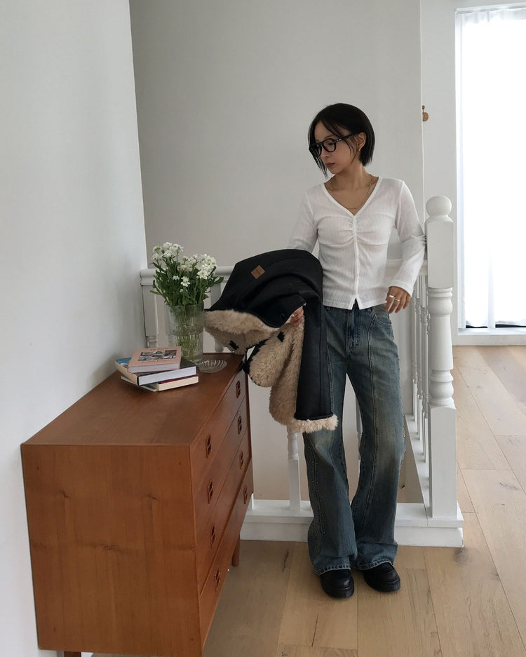 弧壓線側鉚釘細節牛仔褲