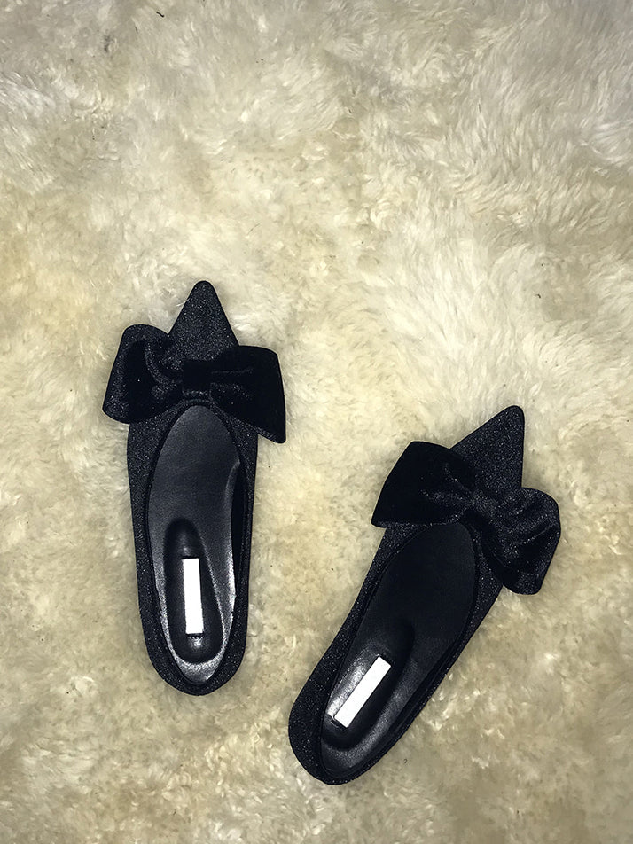 經典蝴蝶結絲絨質感尖頭鞋