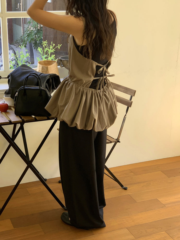 細帶泡泡下擺綁帶細節上衣